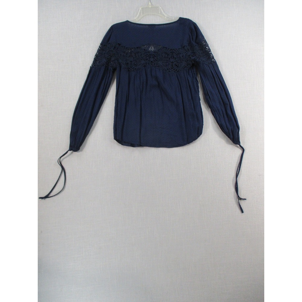 Hinge Navy Blue Lace Yoke Clip Dot Long Sleeve Tie Cuff Blouse XS - Picture 7 of 9